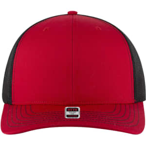 A red and black 6 panel mid profile trucker cap with a logo on the front.