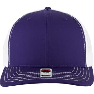 A purple and white 6 panel mid profile trucker cap with a logo on the front.