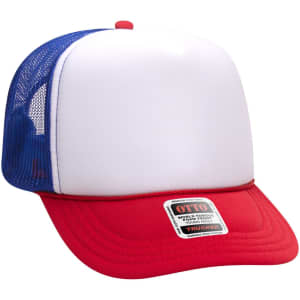 A red, white, and blue 5 panel high crown trucker cap with a mesh back and a logo.