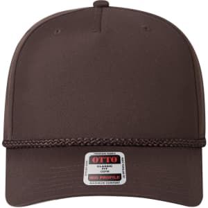 A brown 5-panel mid-profile baseball cap featuring a braided band and a logo on the front.