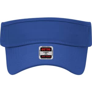 A blue sun visor with a wide brim and a logo, featuring a solid design and no additional embellishments.