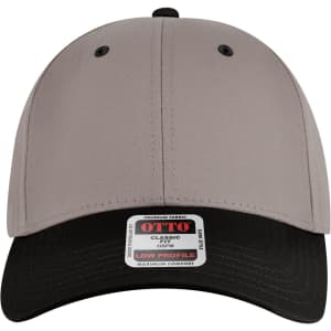 A 6 panel low profile baseball cap in grey with a black visor, featuring a logo on the front.