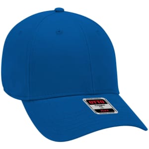 A blue 6 panel low profile baseball cap with a logo on the front.