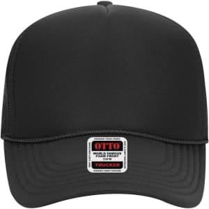 A black 5 Panel Mid Profile Trucker Cap featuring a mesh back and a label on the front.