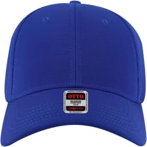 A blue six-panel low profile baseball cap featuring a logo on the front.