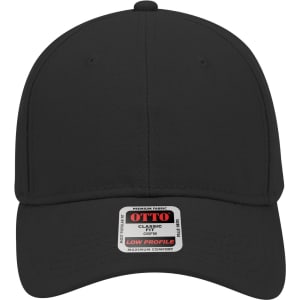 A black 6 panel low profile baseball cap featuring a logo on the front and a tag on the underside of the brim.