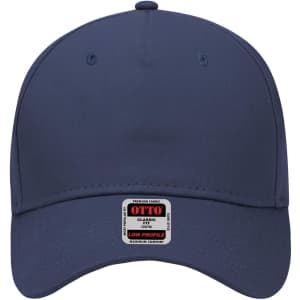 A navy blue 5 panel low profile baseball cap with a branded tag on the front.