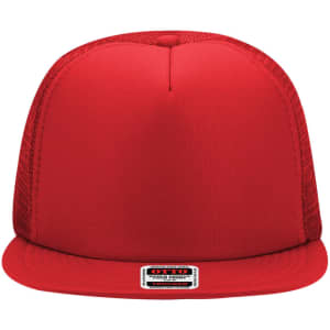 A red 5 Panel High Crown Trucker Cap featuring a mesh back and a branded label on the front.