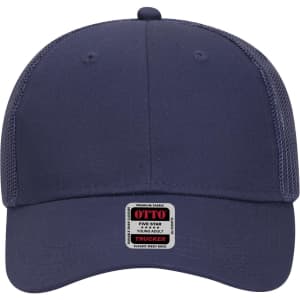 A navy blue 6-panel low profile trucker cap with mesh back and a logo on the front label.