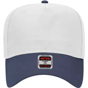 A 5 panel mid crown baseball cap featuring a white top and a navy peak, with a logo on the front.