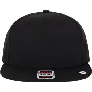 A black snapback cap with a flat brim and a grey undervisor, featuring a logo on the front.