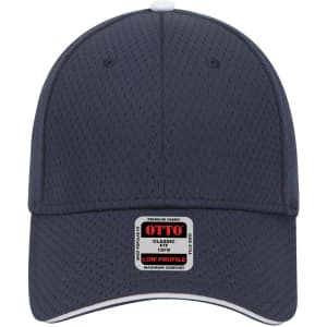 A navy blue 6-panel low profile baseball cap with a stitched logo and a structured design.