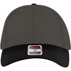 A low profile baseball cap in grey with a black peak and a logo on the front.
