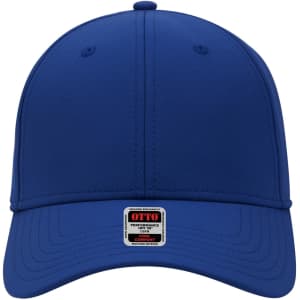 A blue six-panel low profile baseball cap with a logo on the front. Features a structured design and a curved brim.