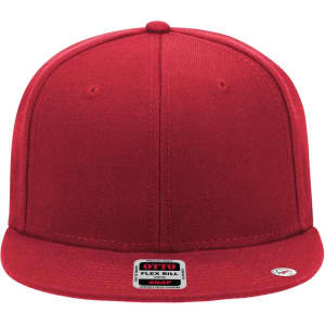 A red 6-panel mid profile snapback cap with a flat brim and a logo on the front.