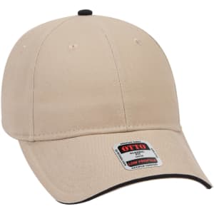 A beige 6-panel low profile baseball cap with a black curved brim and a logo tag on the side.