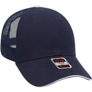 A navy low profile trucker cap with a mesh back and a logo on the front.