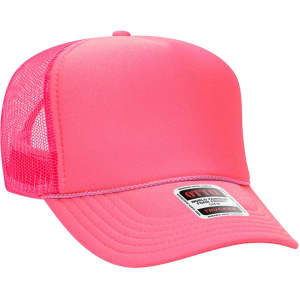 A pink 5 panel high crown trucker cap featuring a mesh back and a branded tag on the front.