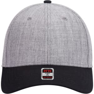 A grey and black 6 panel low profile baseball cap with a logo on the front.