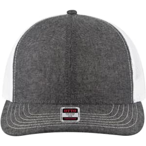 A grey and white 6 panel mid-profile trucker cap with a mesh back and a logo on the front.