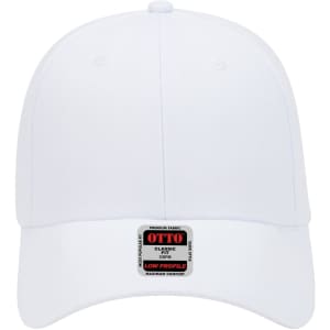 A white 6 panel low profile baseball cap with a logo on the front. The cap features a classic design.