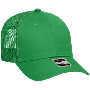 A green 6 panel low profile trucker cap with mesh panels and a branded tag on the front.