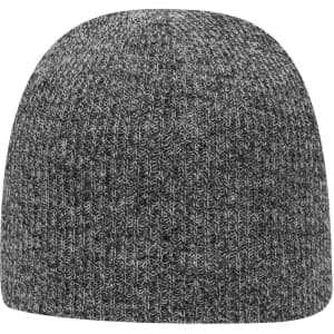 A grey rib knit beanie with a snug fit and textured fabric, featuring a logo on the side.