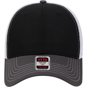 A black and grey 6 panel low profile trucker cap with a white mesh back and a logo on the front label.