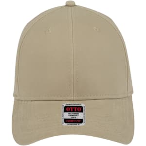 A beige low profile baseball cap with six panels and a logo on the front label.