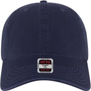 A navy blue 6 panel low profile dad cap featuring a branded tag on the front. The fabric appears soft and relaxed.
