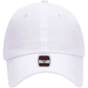 A white six-panel low profile dad cap featuring a logo on the front.