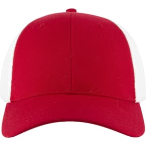 A red and white six-panel low profile trucker cap with a rounded crown and a curved brim.