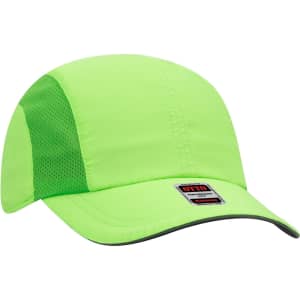 A reflective six-panel running cap in bright green with mesh accents and a branded logo.
