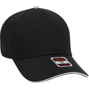 A black 6 panel low profile baseball cap with a logo and contrasting white details.