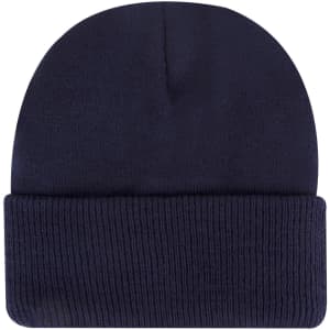 A classic knit beanie in navy blue with a folded ribbed cuff and a smooth top. It features a logo.