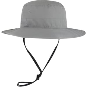 A grey Polyester Pongee Boonie Hat with a wide brim and adjustable chin strap. It features a branding logo.