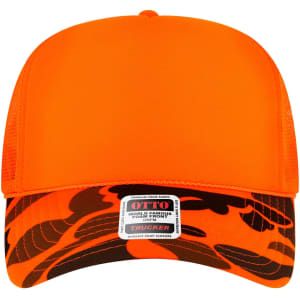 An orange 5 panel high crown trucker cap featuring a camo patterned brim and a logo on the underside.