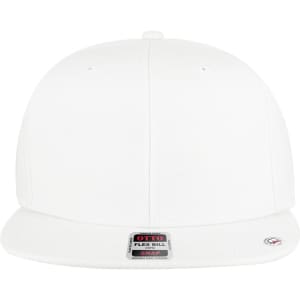 A white 6 panel mid-profile snapback cap featuring a flat peak and a logo on the front.