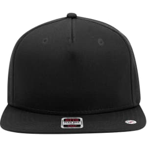 A black 5 panel mid-profile snapback cap with a flat brim and a branded tag on the front.