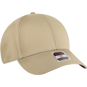 A low profile baseball cap in beige with an adjustable strap and a logo label on the side.