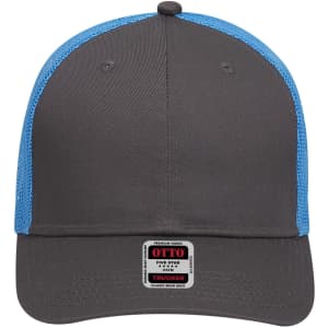 A grey trucker cap with blue mesh panels and a logo on the front. Features a low profile design.