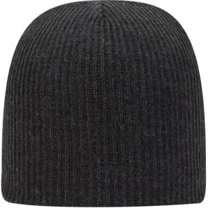 A black rib knit beanie with a snug fit, featuring a branding logo.
