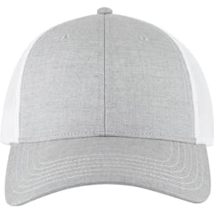 A grey low profile trucker cap with a white mesh back and a small logo on the front.
