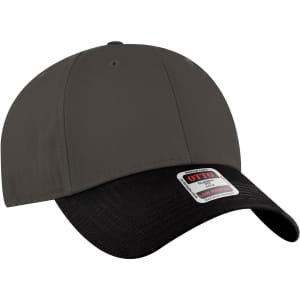 A low profile baseball cap featuring a black and grey design, with a branded logo on the front.
