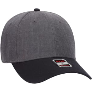 A grey 6 panel low profile baseball cap with a black peak and a logo on the side.