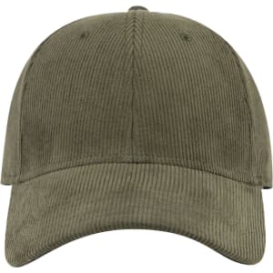 A low-profile, six-panel baseball cap in a muted olive green colour with a simple logo.