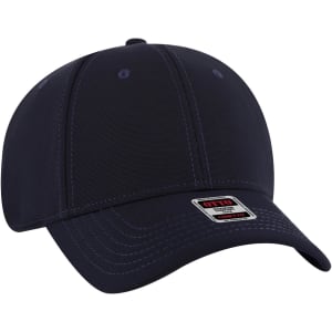 A navy blue six-panel low profile baseball cap with a branding label on the front.