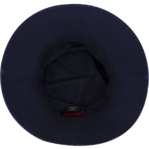 A navy blue bucket hat with a wide brim and an interior lining. It features a logo inside.