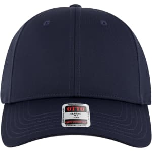 A navy blue 6 panel low profile baseball cap with a logo on the front.