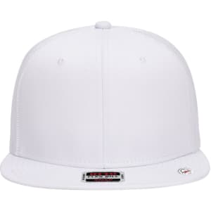 A white 6 panel mid profile trucker cap featuring a grey undervisor and a logo on the front.